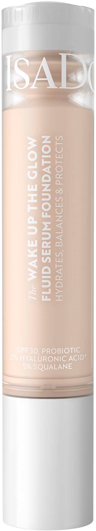 Een tube foundation met doorzichtige kap, beige kleur, en tekst over huidglans en probiotica.