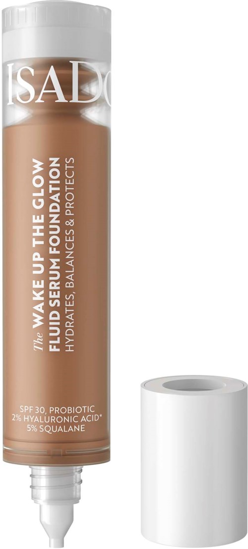 A skincare product tube with a white cap, labeled 'IsaDora' and designed for glow hydration with SPF 30.