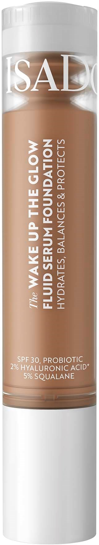 A stick of lip balm with a white cap and brown body, labeled 'IsaDora' and 'Wake Up The Glow' for hydration.