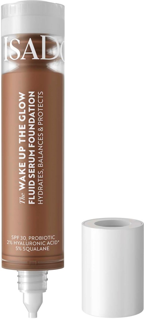 A brown tube of skincare product with a white cap, labeled as a glow moisturizer with SPF 30.