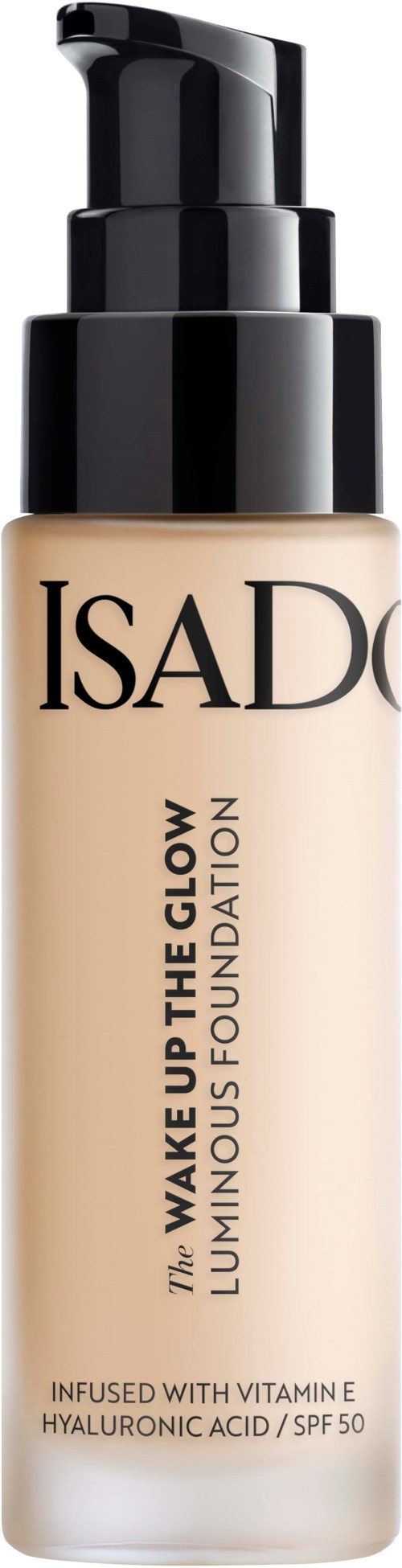 En beige flytande foundation i en pumpflaska med svart topp, märkt 'ISAD' och 'Wake Up The Glow'.