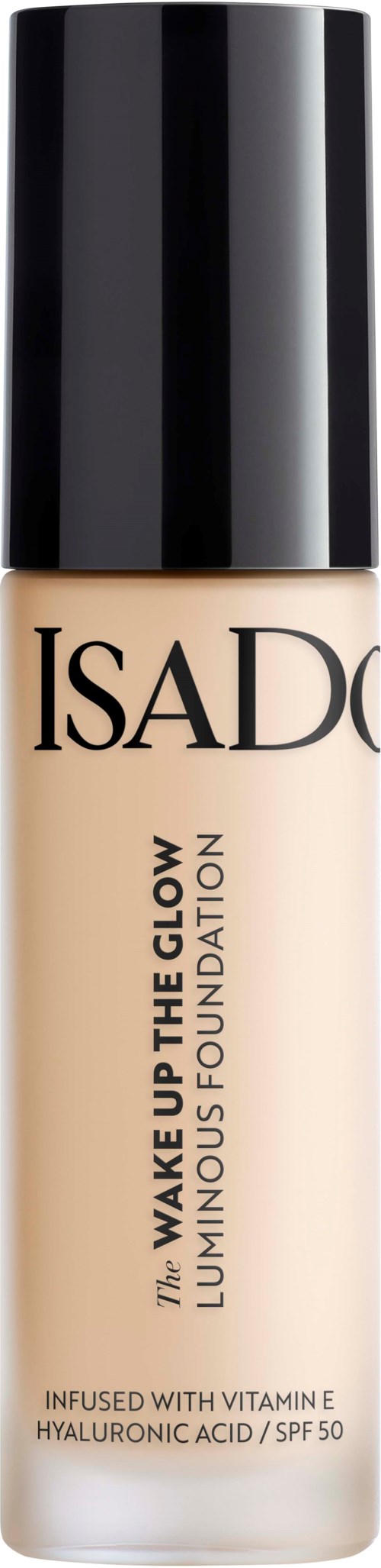 En flaska foundation från Isado med etiketten "Wake Up The Glow" med vitamin E och SPF 50.