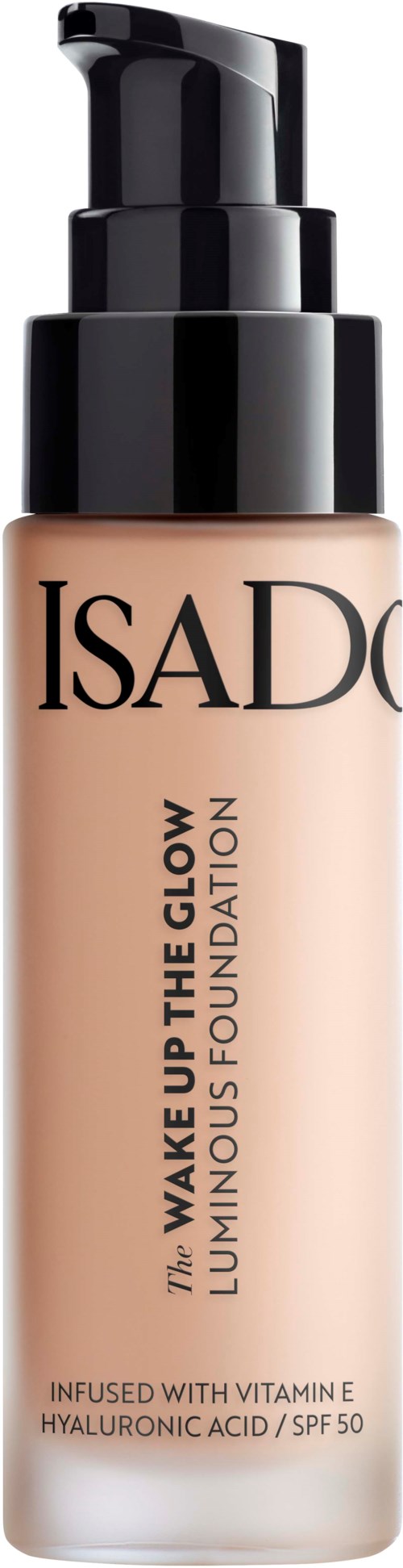 En flaska foundation märkt 'ISAD' med pump, innehåller vitamin E och SPF 50.