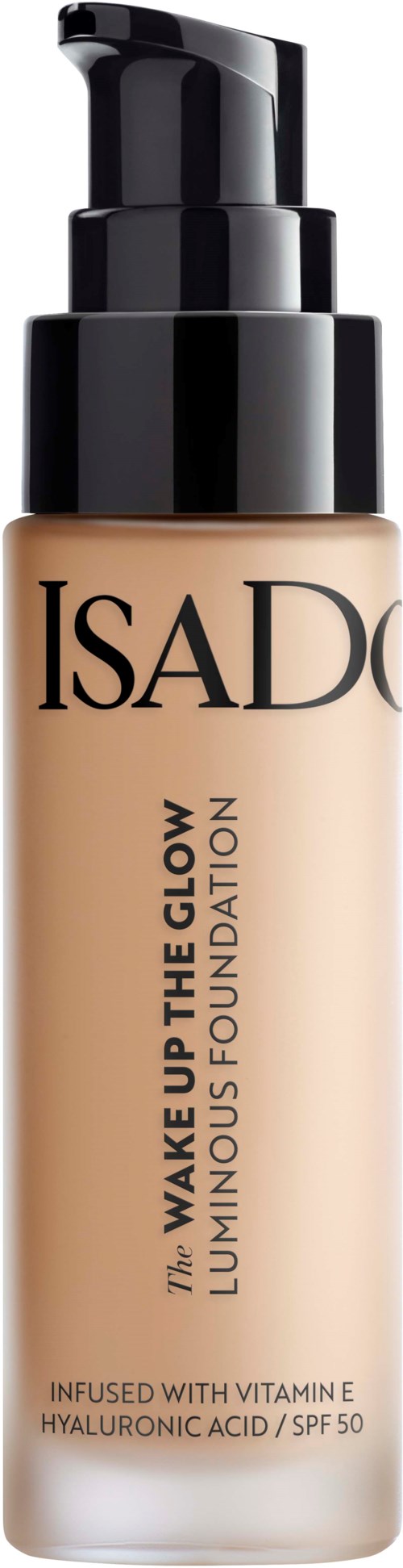 En beige foundationflaska med svart pump och etikett som säger 'ISA' och 'Wake Up The Glow'.