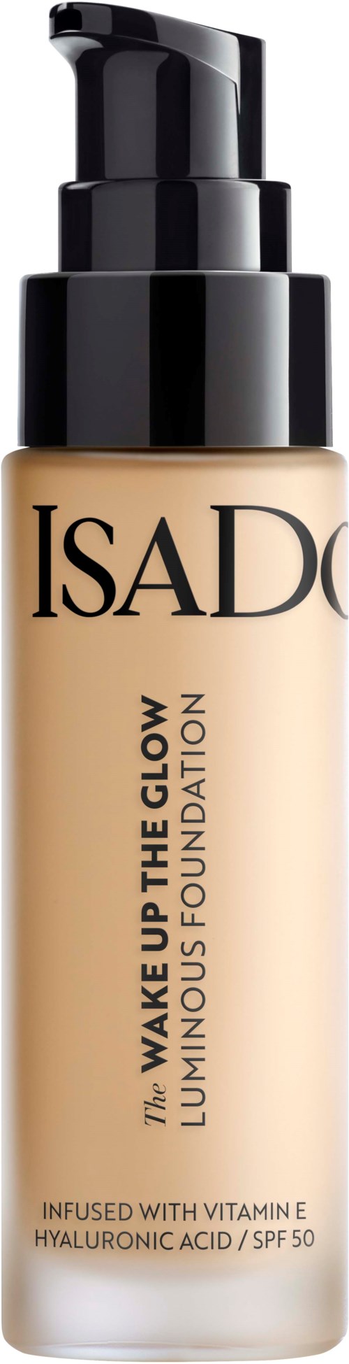 En beige foundationsflaska med svart pump och lock, märkt "ISAD" och "Wake Up The Glow".