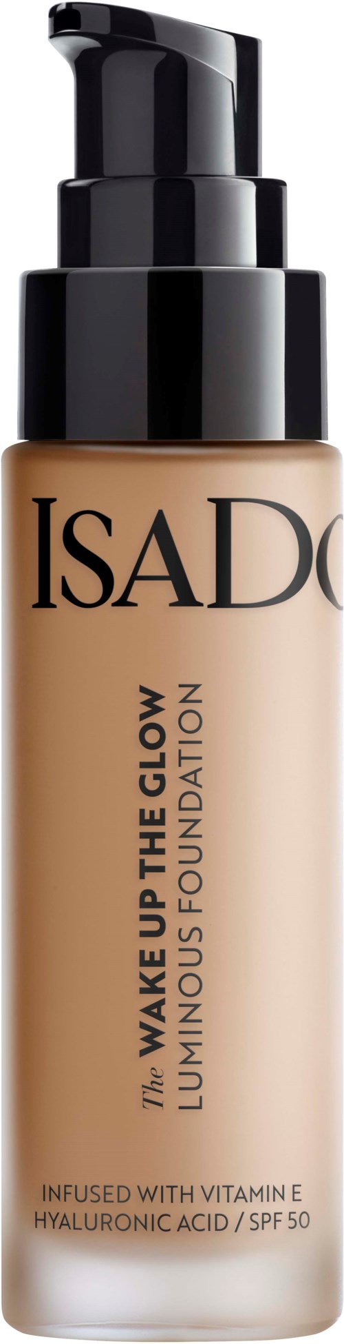 En fondationsflaska med pump, märkt 'ISAD' och 'Wake Up The Glow'. Den nämner vitamin E, hyaluronsyra och SPF 50.