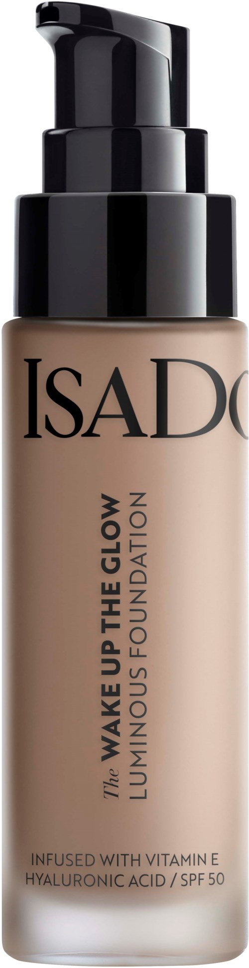 En flaska fondation med pump, märkt Isad, för glödande hud, med vitamin E och SPF-skydd.