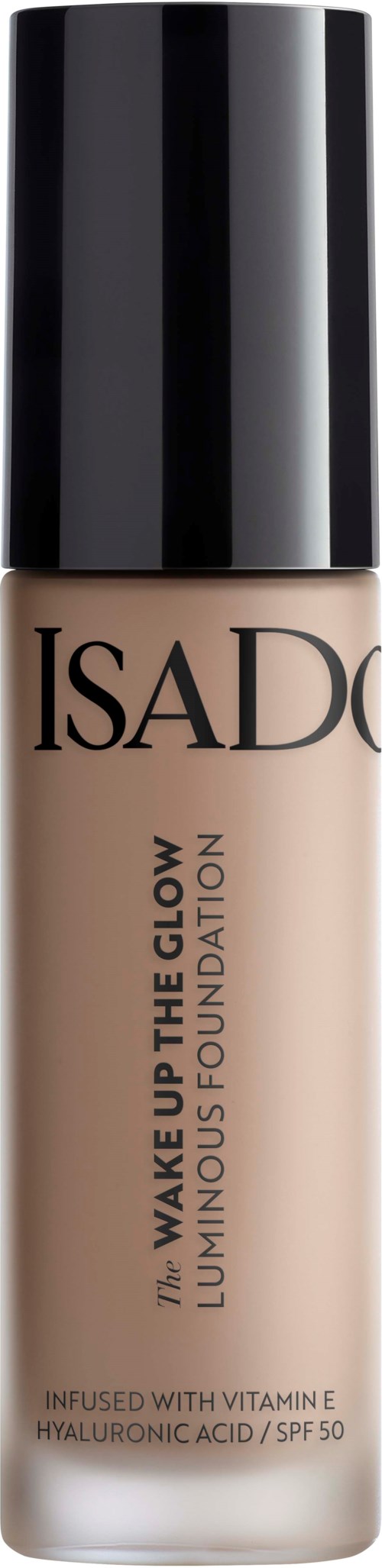 En foundationflaska märkt 'ISAD'. Det är en flytande makeupprodukt med SPF 50 och vitamin E.