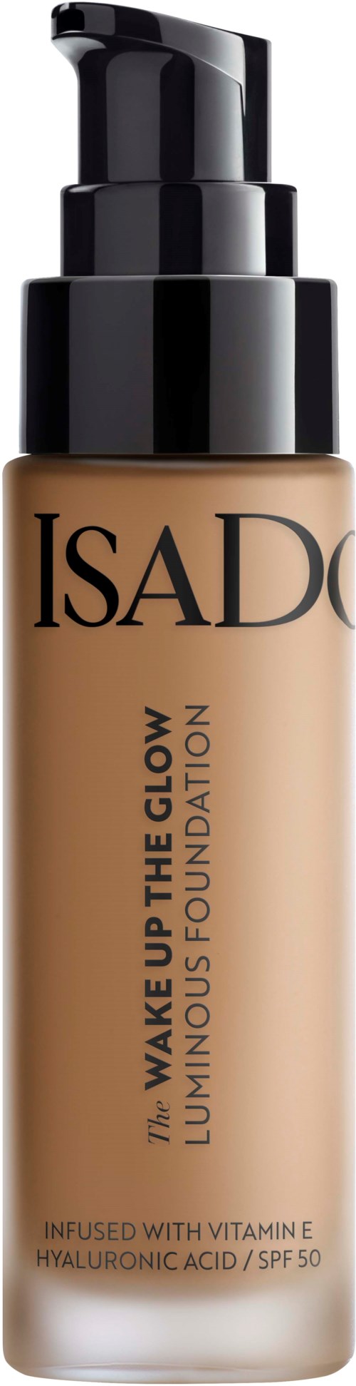 En flaska Isadore foundation med pump, märkt 'Wake Up The Glow Luminous Foundation,' innehåller vitamin E och SPF 50.