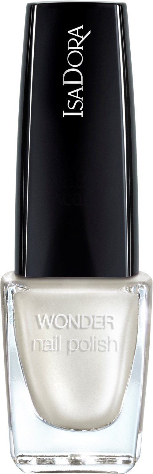 En flaska IsaDora Wonder nagellack, med svart lock och klar glas som visar vitt nagellack inuti.