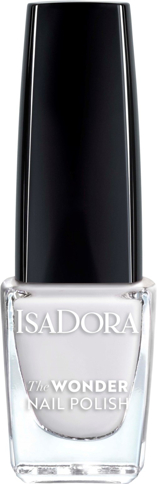 En flaska med Isadora Wonder Nail Polish med svart lock och klart glas som visar vitt nagellack inuti.