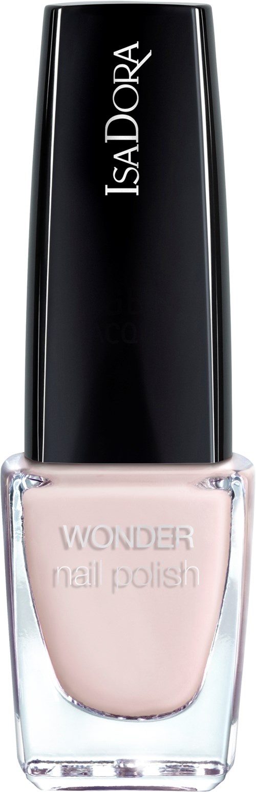 En flaska IsaDora Wonder nagellack med ljusrosa färg och svart lock.
