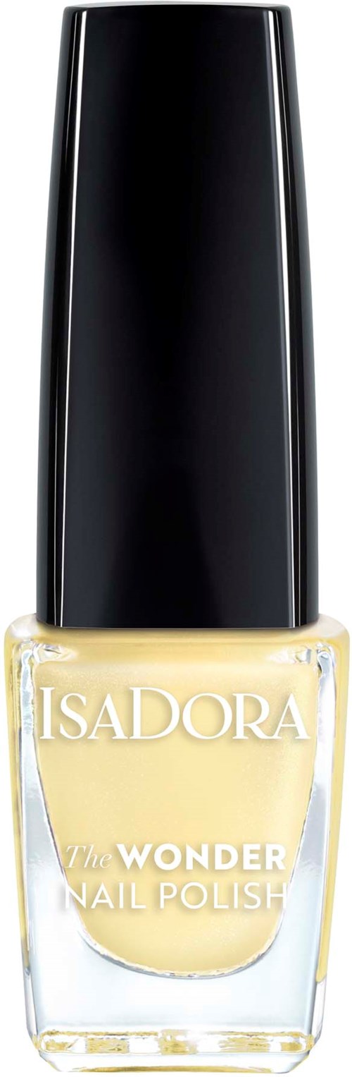 En genomskinlig nagellackflaska med gult nagellack och ett långt svart lock. Etiketten säger Isadora Wonder Nail Polish.