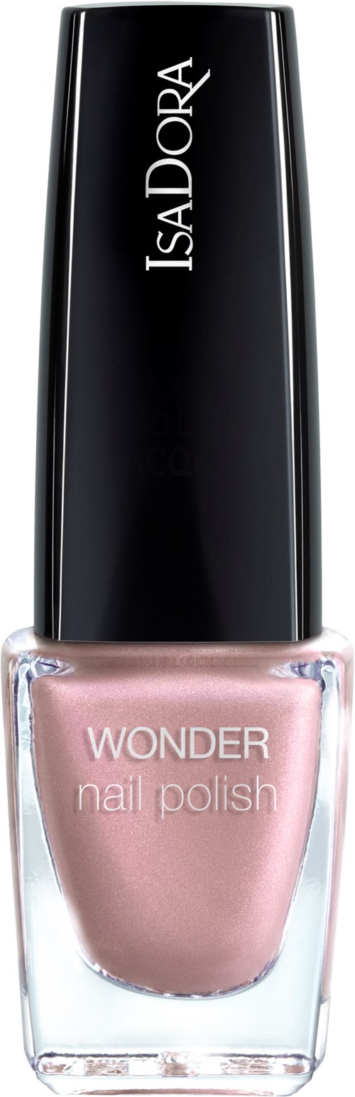 En flaska IsaDora Wonder nagellack i mjuk rosa färg med svart lock.