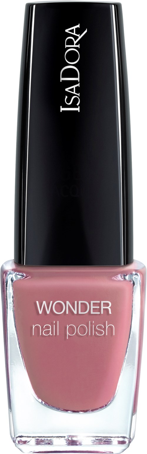 Ljusrosa nagellack i en flaska med svart lock, märkt "WONDER nail polish" och "IsaDora."