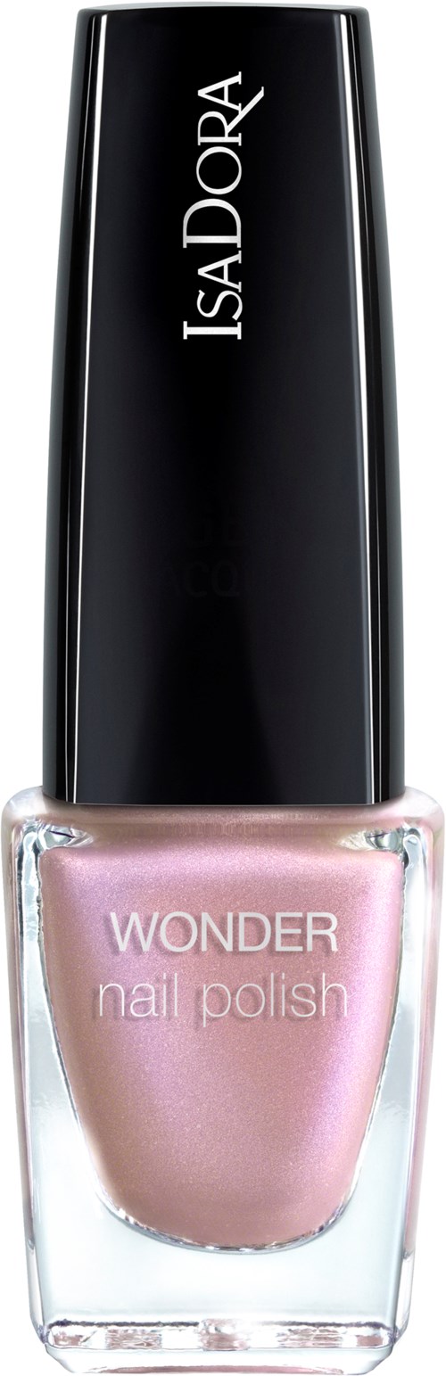 En flaska IsaDora Wonder nagellacks med en svart och klar design, innehållande ljusrosa färg.