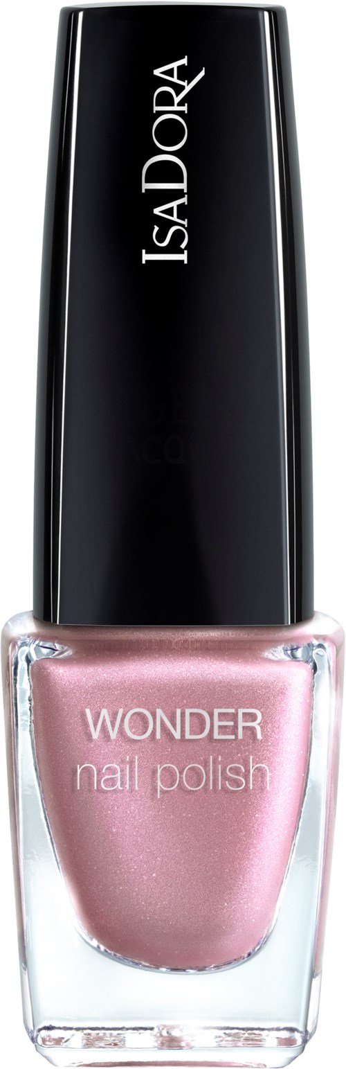 En flaska IsaDora Wonder nagellack i rosa, med ett silverlock och klar glas som visar färgen.