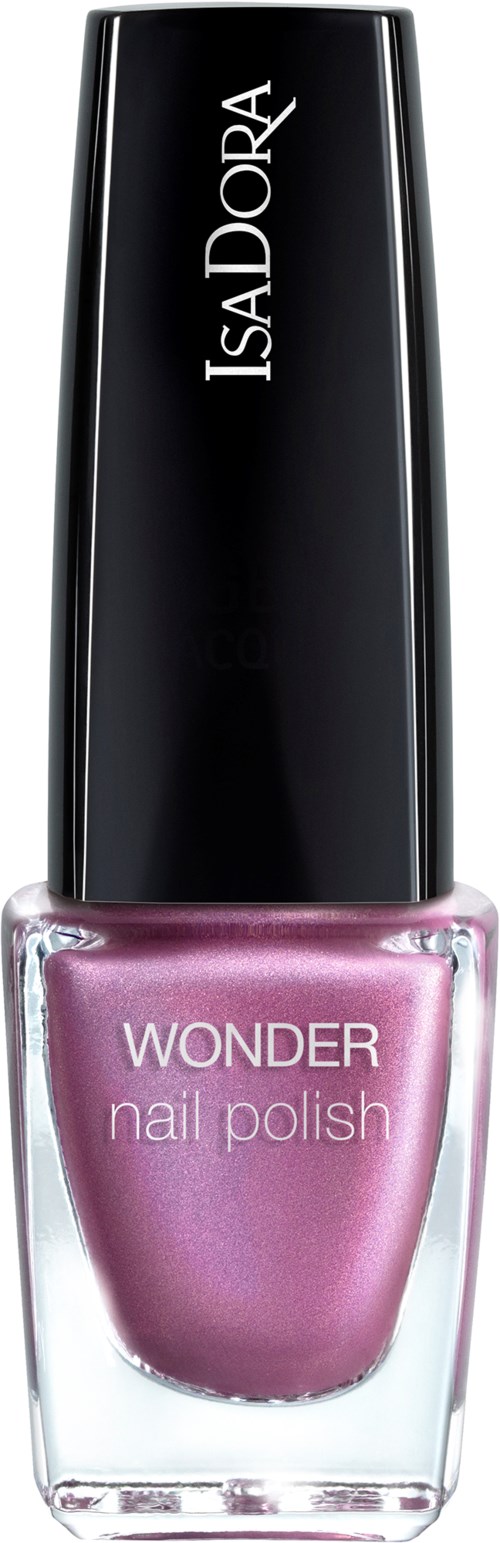 En nagellacksflaska märkt IsaDora Wonder i rosa färg med svart lock.
