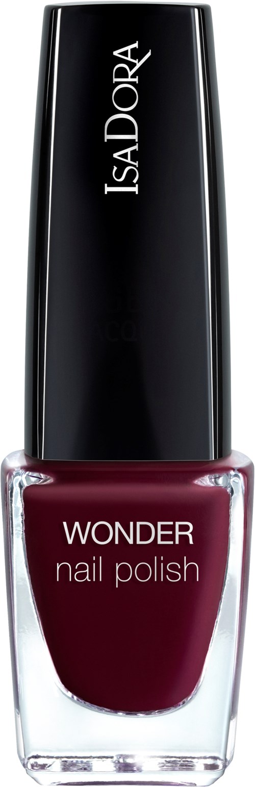 En flaska IsaDora Wonder nagellack i djupröd med svart lock och tydlig botten som visar nagellacksfärgen.