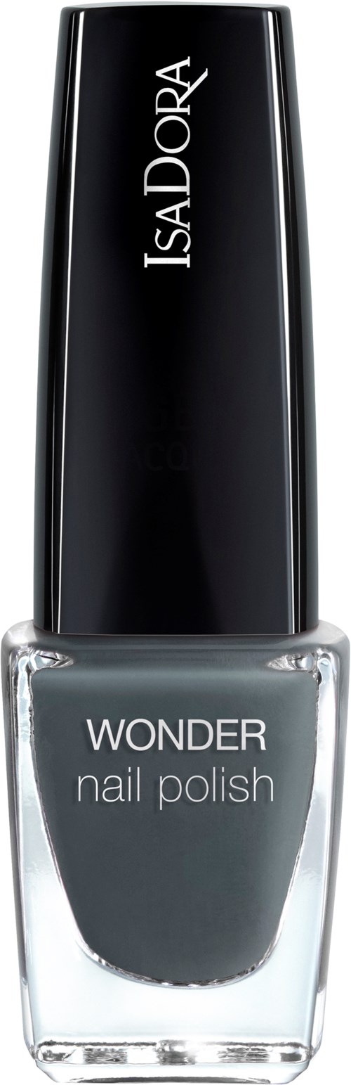 En flaska av IsaDora Wonder nagellack i grå färg med ett svart och silver lock.