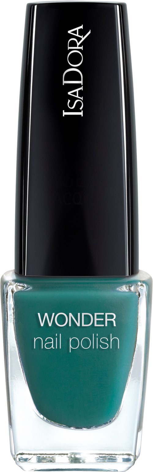 En flaska IsaDora Wonder nagellack med turkosfärg och svart lock.