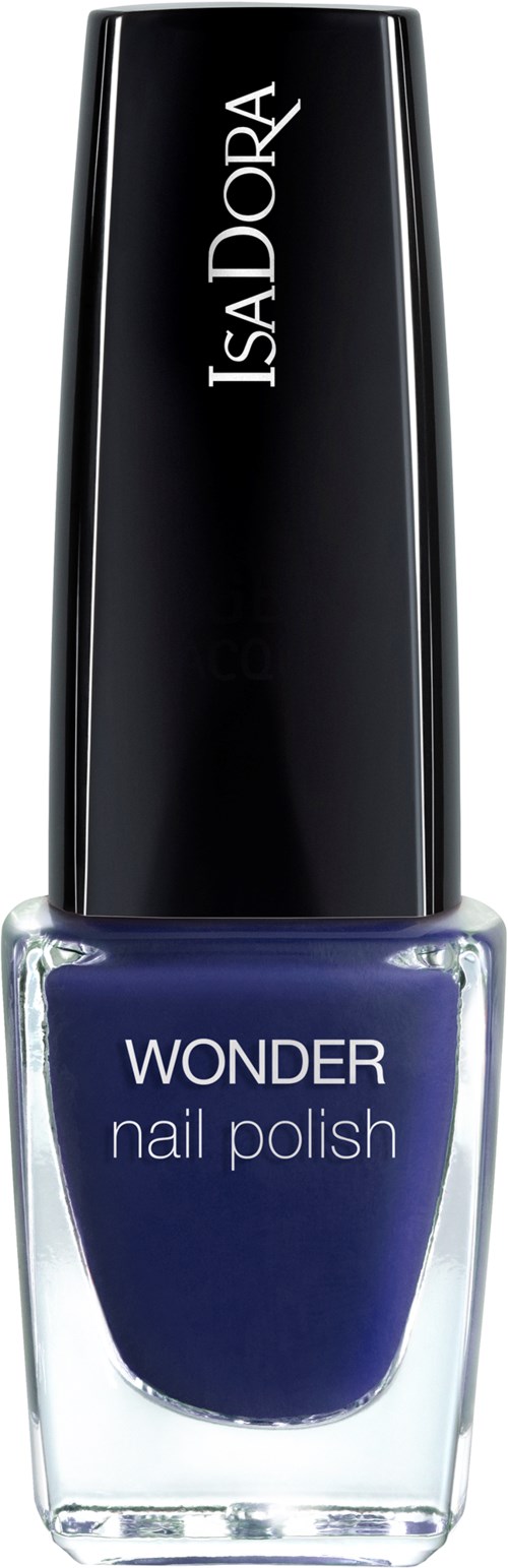 En blå nagellackflaska med svart kork, märkt 'WONDER nail polish' av ISADORA.