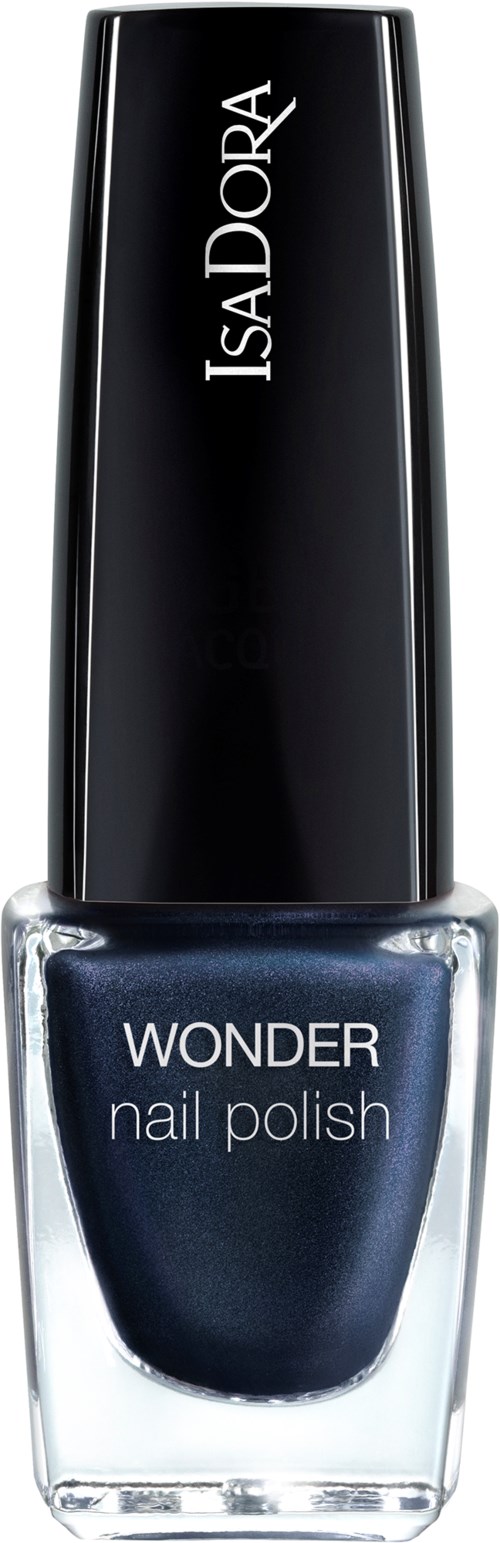 En flaska IsaDora Wonder nagellack i mörkblått med ett silverlock.