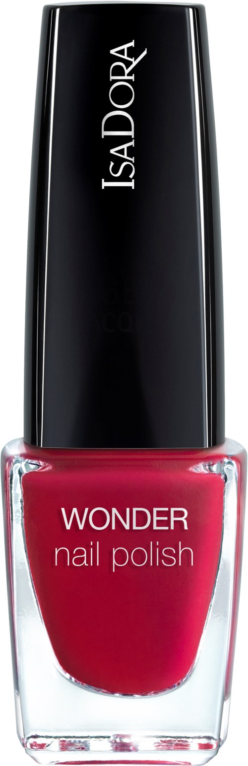 Röd nagellack i en klar flaska med svart lock. Flaskan har vit text: Wonder nail polish. Låset har IsaDora skrivet vertikalt.