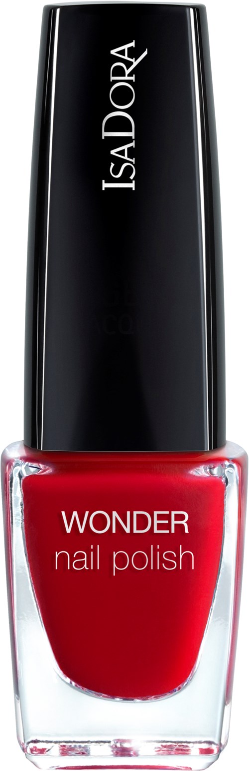 En röd nagellackflaska med svart lock och vitt text, märkt 'WONDER nail polish.'