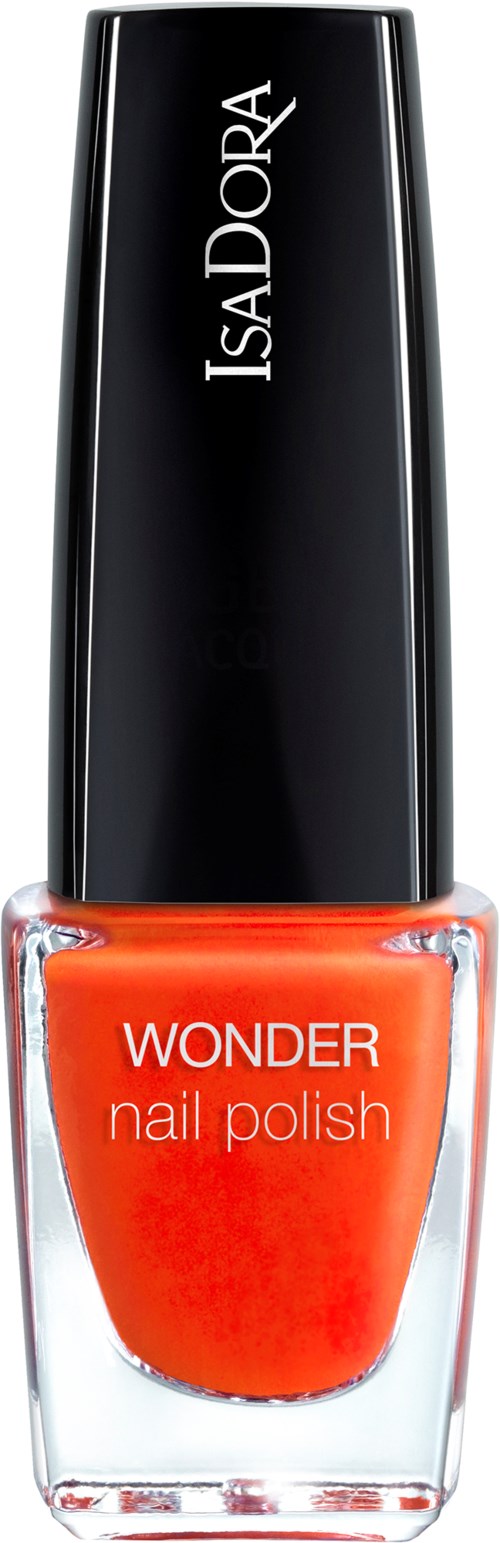 En nagellackflaska med orange färg, svart topp och vit text som säger 'Wonder' och 'IsaDora'.