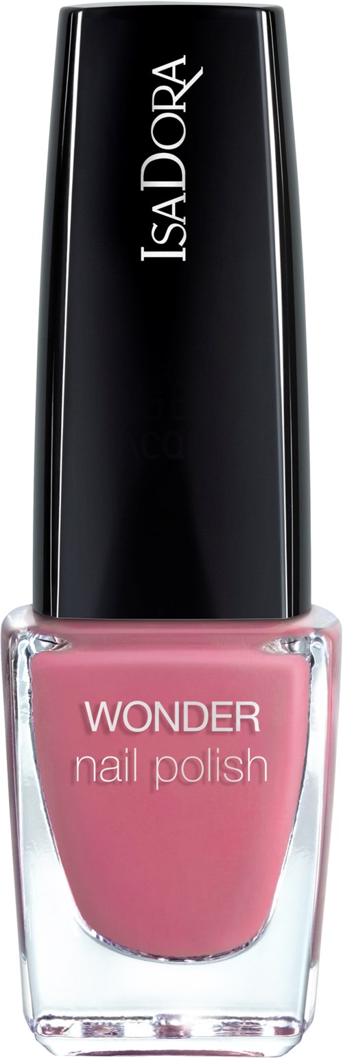 En rosa nagellackflaska med namnet 'Wonder' och ett svart lock med 'IsaDora' skrivet på.