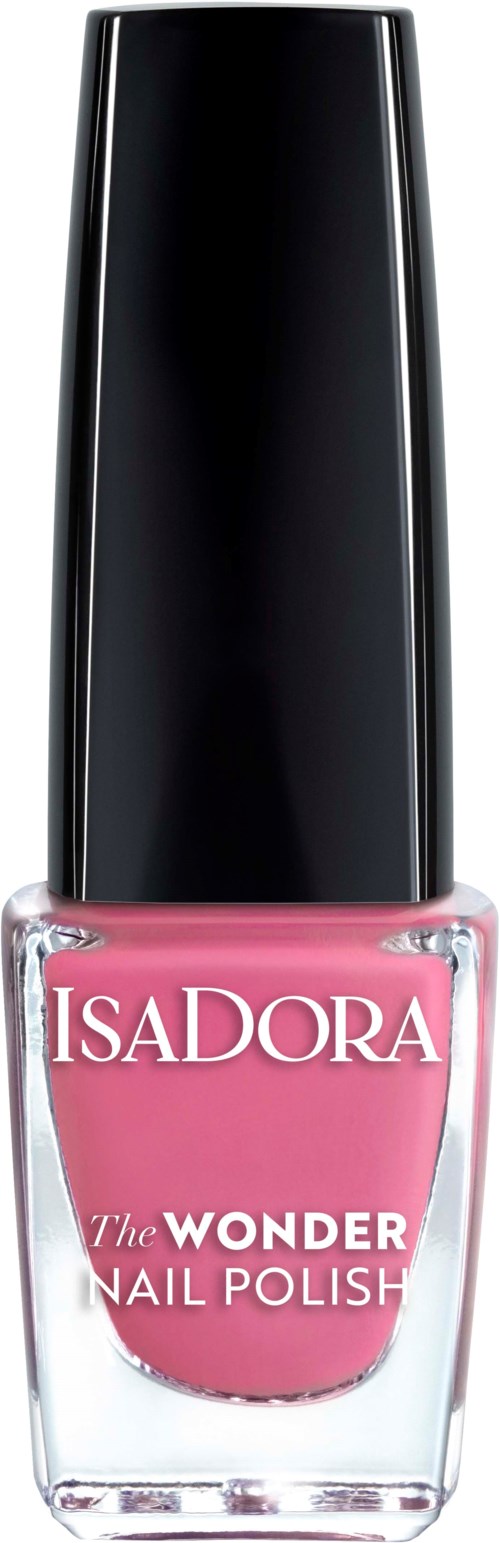 Rosa nagellacksflaska med svart lock, märkt 'Isadora The Wonder Nail Polish'.