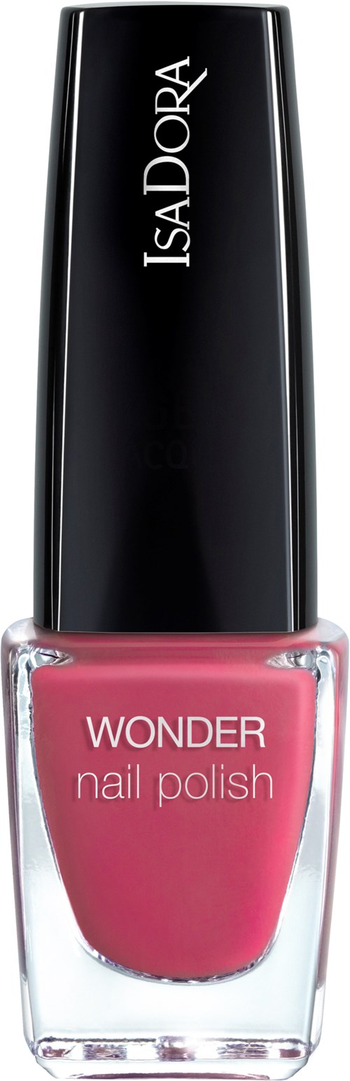 Rosa nagellack i en genomskinlig flaska med svart lock, märkt 'WONDER' och 'ISADORA'.