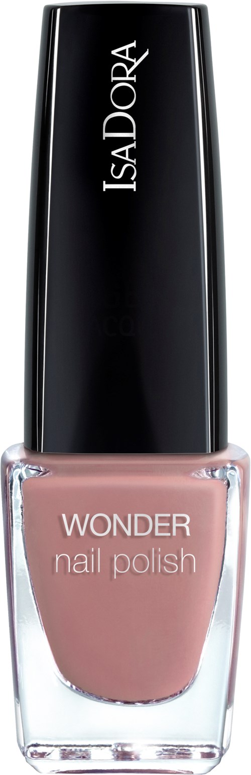 En flaska IsaDora Wonder nagellack i ljusrosa, med svart lock och genomskinligt glas som visar nagellacksfärgen.