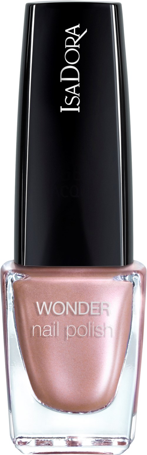 En nagellackflaska med svart lock, ljus rosa färg och orden 'WONDER nail polish' på.