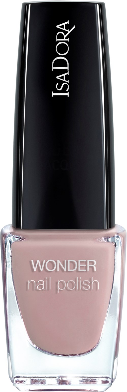 En flaska IsaDora Wonder Nail Polish, ljusrosa med svart lock, på vit bakgrund.