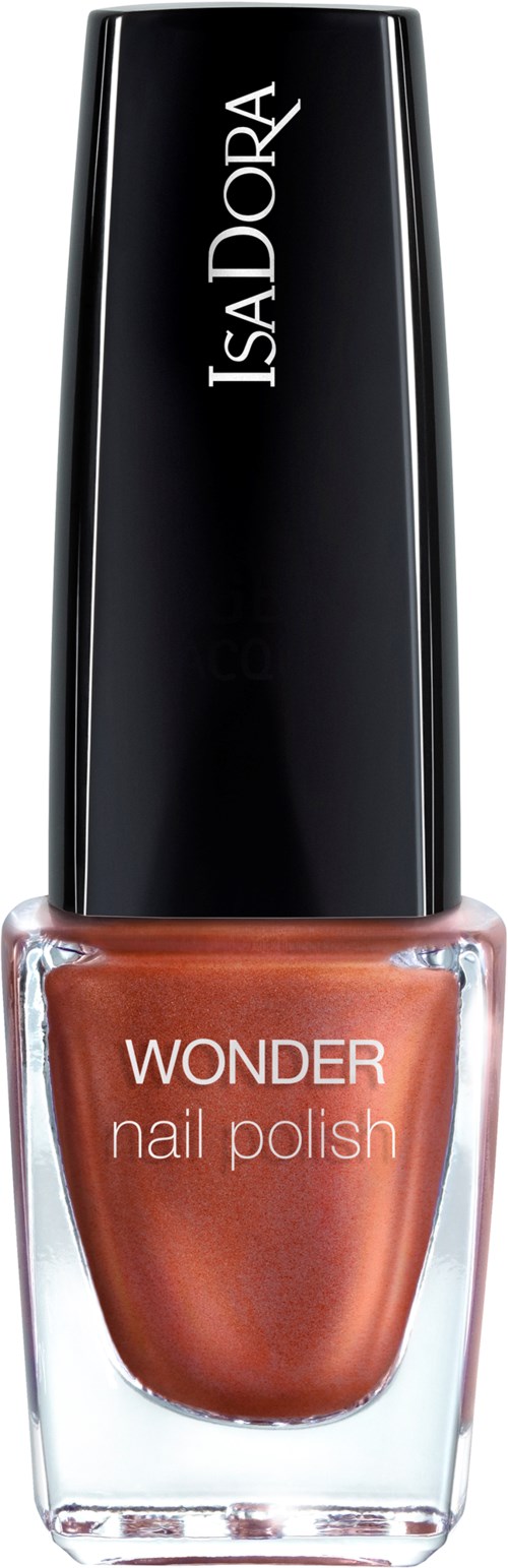 En flaska IsaDora Wonder nagellack, med svart lock och brunsnygg nagelfärg.