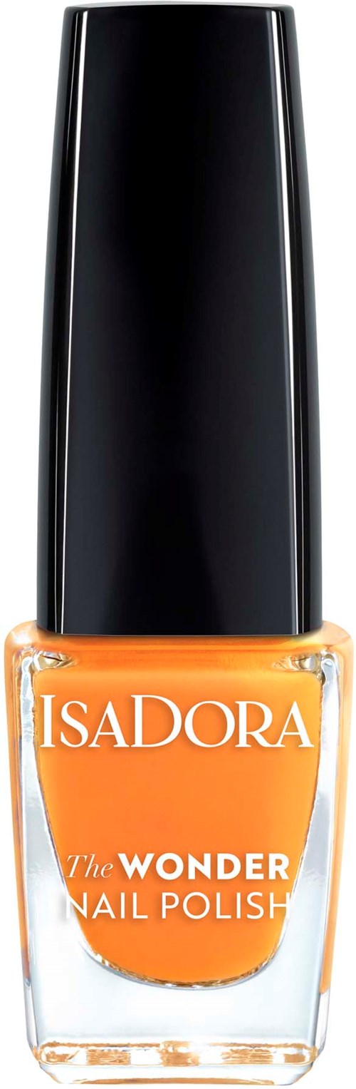 En nagellackflaska med orange färg och svart lock, märkt "Isadora The Wonder Nail Polish."