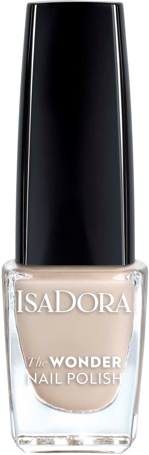 En nagellacksflaska med varumärket Isadora, kallad The Wonder Nail Polish, har svart lock och klart glas som visar beige lack.