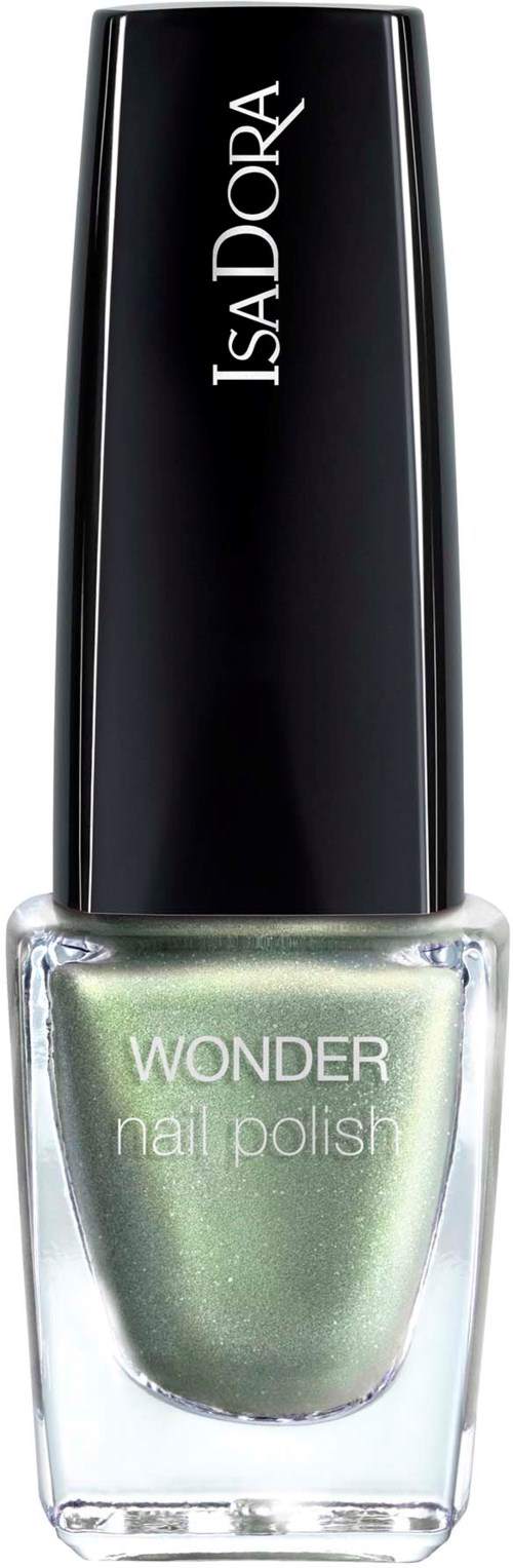 En grön nagellackflaska med svart lock och vitt text, märkt 'WONDER'. Märket är IsaDora.
