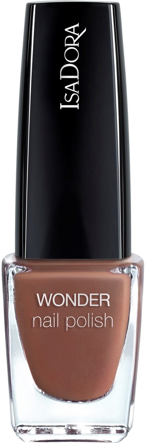 En nagellackflaska med svart kork, märkt 'WONDER' i vitt, och innehåller brunt nagellack.