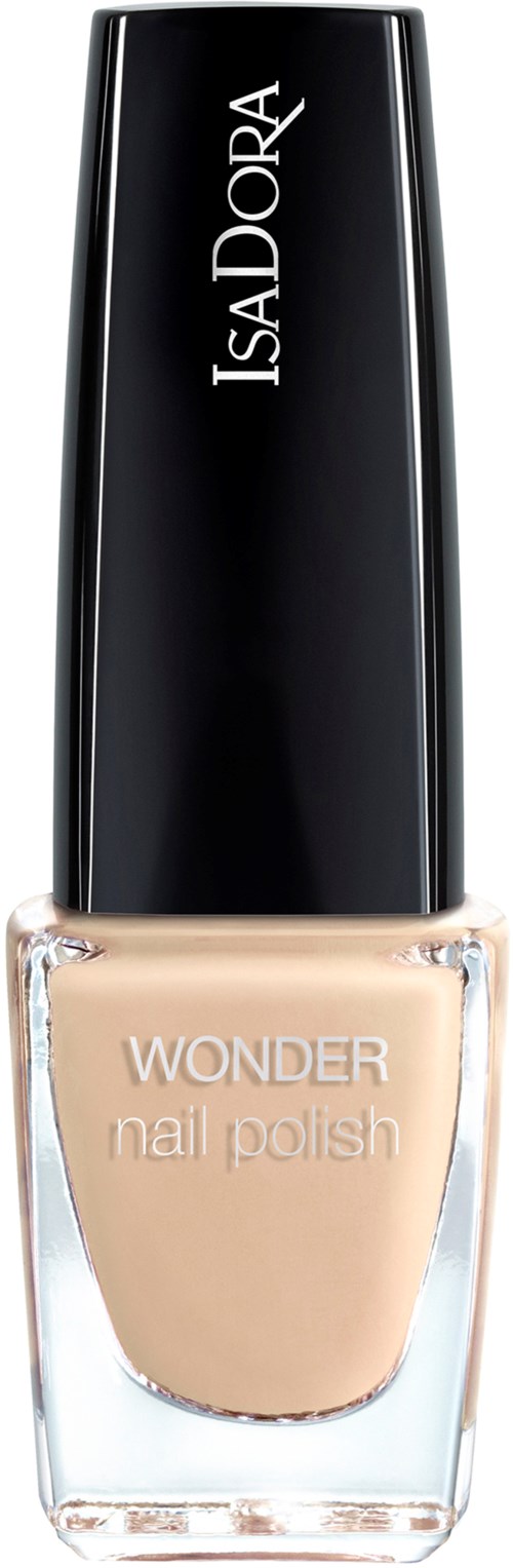 En flaska med IsaDora Wonder nagellack i beige med svart lock.