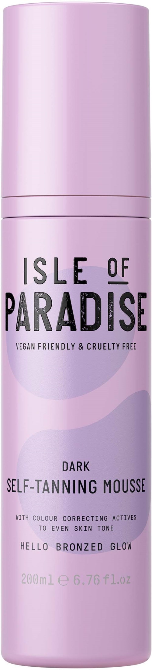Purple spray bottle labeled Isle of Paradise, dark self-tanning mousse for bronzed glow, cruelty-free, vegan.