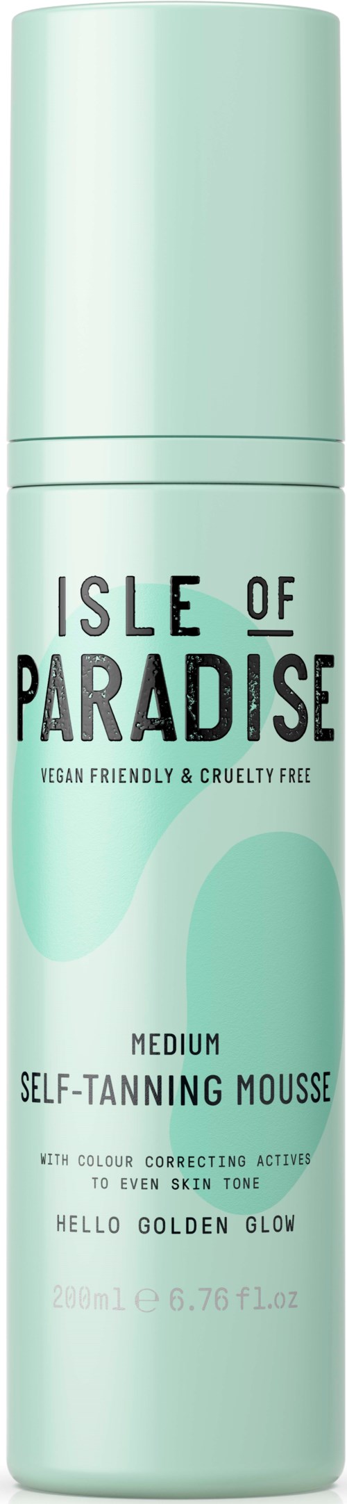 A light green bottle labeled 'Isle of Paradise' with details about a self-tanning mousse inside.
