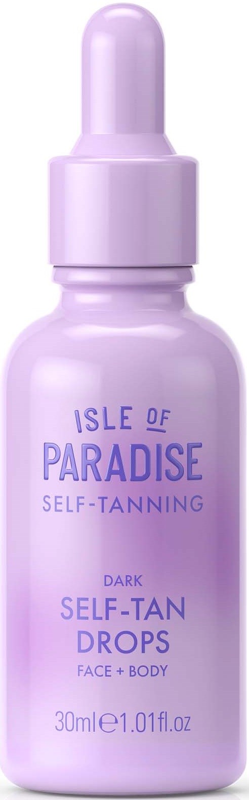 A small lavender bottle labeled 'Isle of Paradise Self-Tanning' for face and body, contains dark self-tan drops, 30 ml.
