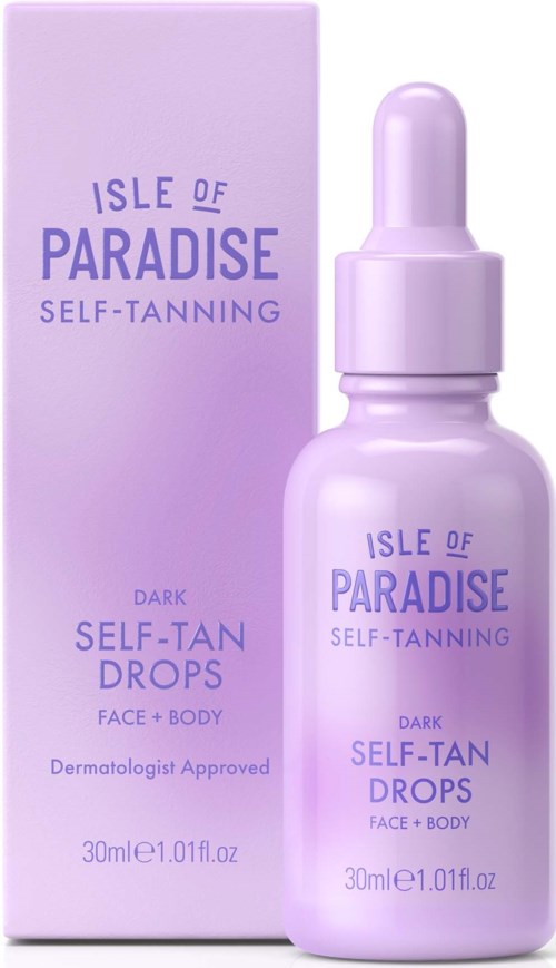 A small purple bottle with a dropper, labeled "Isle of Paradise Self-Tanning Drops" for face and body.