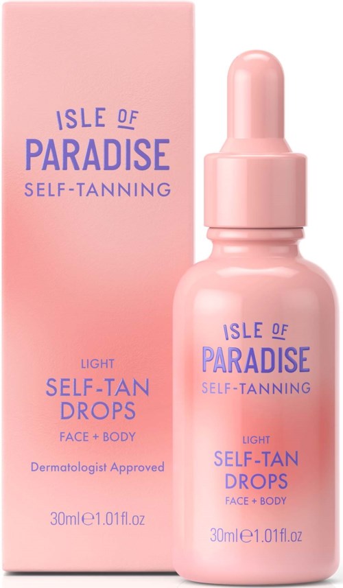 A pink bottle and box labeled 'Isle of Paradise Light Self-Tan Drops' for face and body, with a dropper top.