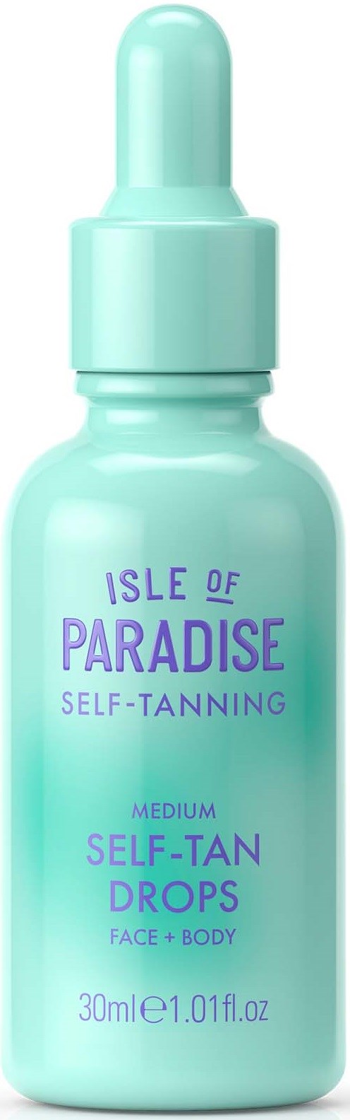 A small light blue bottle with a dropper cap, labeled 'Self-Tanning Drops' for face and body.