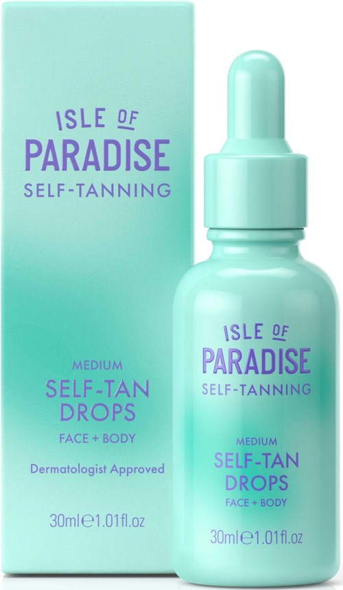 A light blue bottle of Isle of Paradise self-tanning drops with a matching box, labeled for face and body use.