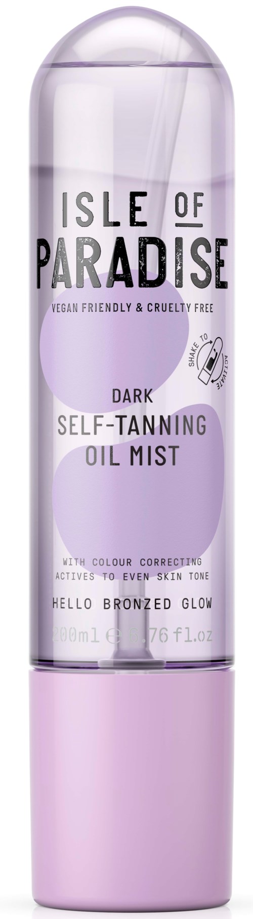 En lila sprayflaska märkt 'Isle of Paradise Dark Self-Tanning Oil Mist' för solbränna.